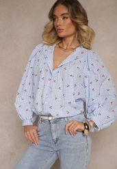 Niebieska Koszula Bawełniana z Wisienkami w Kratę Haladriela. Niebieskie koszule Renee, m, bez wzorów, z bawełny, eleganckie, bez kołnierzyka, bez ramiączek. W wyprzedaży za 107.99 zł.