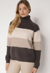 Brązowy Golf Oversize w Szerokie Pasy z Domieszką Kaszmiru Nellemia. Brązowe swetry Born2be, uniwersalny, bez wzorów, z dzianiny, bez ramiączek. Za 129.99 zł.