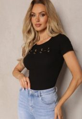 Czarna Bluzka z Bawełny Ozdobiona Wycięciami i Splotem przy Dekolcie Galanettia. Czarne bluzki Renee, bez wzorów, z bawełny, eleganckie, bez kołnierzyka, bez ramiączek. Za 69.99 zł.