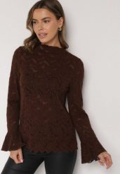 Brązowa Koronkowa Bluzka ze Stójką i Rozszerzanymi Rękawami Nefina. Brązowe bluzki Born2be, l, z aplikacjami, z jeansu, eleganckie, bez kołnierzyka, bez ramiączek. Za 99.99 zł.