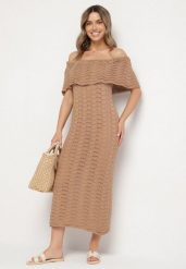 Ciemnobeżowa Ażurowa Sukienka o Fasonie Hiszpanki z Wywijanym Dekoltem Filiorra. Brązowe sukienki Born2be, na co dzień, w ażurowe wzory, z jeansu, bez kołnierzyka, bez ramiączek, midi, dopasowane. Za 89.99 zł.