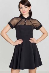 Czarna Sukienka z Szyfonem z Krótkim Rękawem. Czarne sukienki Katrus, l, bez wzorów, z materiału, bez kołnierzyka, bez ramiączek, mini. Za 259.00 zł.