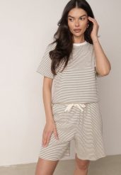 Kremowo-Czarne Bawełniane Szorty Dresowe w Drobne Paseczki Wiązane na Sznurki Loregune. Brązowe szorty Born2be, bez wzorów, z bawełny, eleganckie. Za 59.99 zł.