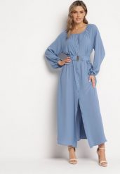 Niebieska Luźna Sukienka Maxi z Guzikami i Paskiem z Ozdobną Klamrą Liriti. Niebieskie sukienki Born2be, l, bez wzorów, bez kołnierzyka, bez ramiączek, maxi. W wyprzedaży za 97.99 zł.