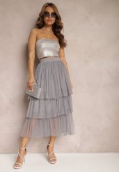 Szara Tiulowa Spódnica Rozkloszowana z Plisowaniem High Waist Eveleena. Szare spódnice Renee, s, bez wzorów, z tiulu, wizytowe, midi, dopasowane. W wyprzedaży za 39.99 zł.