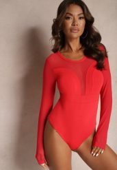 Czerwone Wiskozowe Body z Transparentnymi Wstawkami i Zapięciem na Haftki Maivia. Czerwone body i gorsety Renee, bez wzorów, z jeansu, bez ramiączek. W wyprzedaży za 47.99 zł.