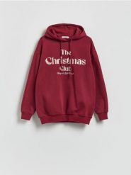 Bluza ze świątcznym napisem - bordowy. Czerwone bluzy Reserved, l, bez wzorów, z bawełny, bez ramiączek, bez kaptura. Za 119.99 zł.