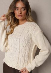Jasnobeżowy Sweter z Wełną Ozdobnym Splotem i Ściągaczem Nariae. Brązowe swetry Renee, uniwersalny, bez wzorów, z jeansu, casualowe, bez ramiączek. Za 59.99 zł.