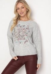 Jasnoszary Sweter Ozdobiony Haftowanym Wzorem Inadrea. Szare swetry Born2be, bez wzorów, z jeansu, eleganckie, bez ramiączek. W wyprzedaży za 144.49 zł.