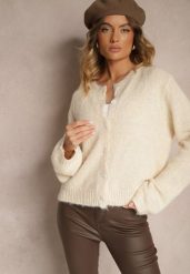 Beżowy Klasyczny Kardigan o Prostym Kroju Riavara. Brązowe swetry Renee, bez wzorów, z jeansu, eleganckie, bez ramiączek. W wyprzedaży za 143.99 zł.