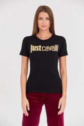 JUST CAVALLI Czarny t-shirt Logo Gold. Czarne t-shirty Just Cavalli, s, bez wzorów, bez kołnierzyka, bez ramiączek. W wyprzedaży za 309.99 zł.