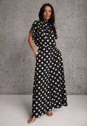 Czarny Komplet w Groszki Bluzka Wiązana przy Szyi i Spodnie Wide Leg Firerun. Czarne bluzki Renee, m, bez wzorów, klasyczne, bez kołnierzyka, bez ramiączek. Za 139.99 zł.