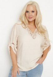 Jasnobeżowa Bluzka z Bawełną i Ozdobnym Haftem Edirilita. Brązowe bluzki Born2be, xl, bez wzorów, z bawełny, bez kołnierzyka, bez ramiączek. W wyprzedaży za 63.74 zł.