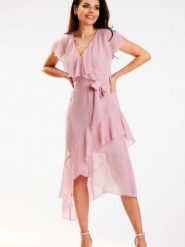 Sukienka Model A574 Dirty Pink - awama. Różowe sukienki Awama, na imprezę, l, z aplikacjami, z bawełny, eleganckie, z asymetrycznym kołnierzem, bez ramiączek, asymetryczne. Za 407.87 zł.