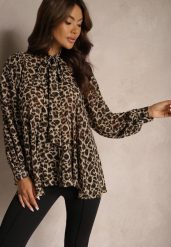 Beżowa Panterkowa Koszula Wiązana pod Szyją Nevlore. Brązowe koszule Renee, m, bez wzorów, eleganckie, bez kołnierzyka, bez ramiączek. W wyprzedaży za 112.49 zł.