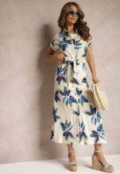 Beżowo-Granatowa Rozkloszowana Spódnica High Waist z Materiałowym Paskiem Daela. Brązowe spódnice Renee, l, bez wzorów, z materiału, midi, rozkloszowane. W wyprzedaży za 83.99 zł.