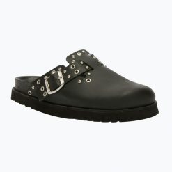 Klapki damskie Scholl Beatriz Ring Leather. Czarne klapki Scholl, bez wzorów, z materiału, bez obcasa, bez zapięcia. Za 589.99 zł.