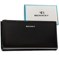 Czarny, duży portfel damski ze skóry ekologicznej zamykany suwakiem i zatrzaskiem - Rovicky. Czarne portfele ROVICKY, bez wzorów, ze skóry ekologicznej. Za 69.99 zł.