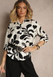 Czarna Wiskozowa Bluzka o Koszulowym Kroju z Dekoltem w Serek w Roślinny Print Kolaniria. Czarne bluzki Renee, m, bez wzorów, z jeansu, eleganckie, bez kołnierzyka, bez ramiączek. W wyprzedaży za 55.99 zł.
