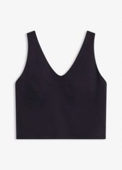 Top sportowy ze średnim stopniem podtrzymywania, o bawełnianej fakturze. Czarne topy sportowe bonprix, s, bez wzorów, z bawełny. Za 32.99 zł.