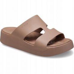 Klapki Dla Dorosłych Crocs Getaway Platform H-strap. Brązowe klapki Crocs, bez wzorów, z materiału, bez obcasa, bez zapięcia. Za 199.99 zł.