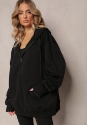 Czarna Zasuwana Bluza z Kapturem Narmione. Czarne bluzy z kapturem Renee, uniwersalny, bez wzorów, z jeansu, trekkingowe. W wyprzedaży za 63.99 zł.