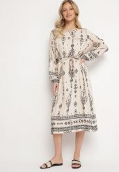 Jasnobeżowa Sukienka we Wzory Boho Pudełkowa z Paskiem w Talii Lisanea. Brązowe sukienki Born2be, na co dzień, bez wzorów, z materiału, boho, bez kołnierzyka, bez ramiączek, midi, w kształcie A. W wyprzedaży za 84.99 zł.