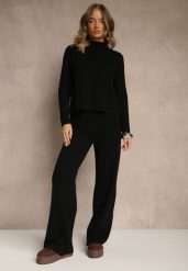Czarny Komplet z Prążkowanej Dzianiny Spodnie Wide Leg i Sweter ze Stójką Feniria. Czarne swetry Renee, l, bez wzorów, z dzianiny, bez ramiączek. Za 159.99 zł.