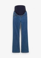 Dżinsy ciążowe z bawełną organiczną, lekko poszerzana nogawka. Niebieskie jeansy bonprix, bez wzorów, z bawełny. Za 159.99 zł.