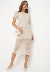 Beżowa Ażurowa Sukienka z Wiskozą Zoriena. Brązowe sukienki Born2be, na co dzień, w ażurowe wzory, z wiskozy, eleganckie, bez kołnierzyka, bez ramiączek, midi, kopertowe. W wyprzedaży za 135.99 zł.