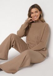 Ciemnobeżowy Dzianinowy Komplet z Bawełną i Wełną Długi Sweter i Szerokie Spodnie Reinesa. Brązowe swetry Born2be, l, bez wzorów, z bawełny, bez ramiączek. Za 139.99 zł.