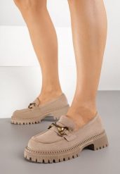 Ciemnobeżowe Mokasyny z Metaliczną Klamrą Tenelsse. Brązowe mokasyny Born2be, bez wzorów, z jeansu. Za 119.99 zł.