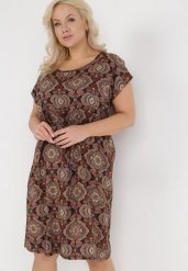 Brązowa Sukienka Adapus. Brązowe sukienki Born2be, na imprezę, xl, bez wzorów, z materiału, klasyczne, bez kołnierzyka, bez ramiączek, midi. Za 79.99 zł.