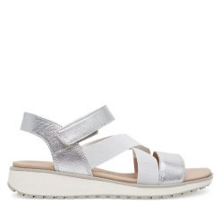Sandały Caprice. Szare sandały Caprice, bez wzorów, bez obcasa, na koturnie, bez zapięcia. Za 339.99 zł.