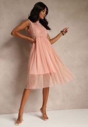 Ciemnoróżowa Koktajlowa Sukienka Midi z Koronkową Górą i Tiulowym Dołem Nebulia. Czerwone sukienki Renee, m, bez wzorów, z koronki, bez kołnierzyka, bez ramiączek, midi. Za 129.99 zł.