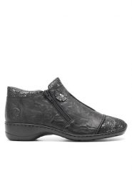 Rieker Botki 58388-01 Czarny. Czarne botki Rieker, bez wzorów, ze skóry, bez obcasa, na płaskiej podeszwie, bez zapięcia. Za 279.99 zł.