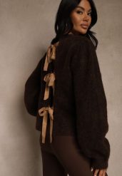 Brązowy Kardigan z Wełną Zdobiony Bufiastymi Rękawami i Wiązaniem na Plecach Tusfina. Brązowe swetry Renee, l, z aplikacjami, z satyny, bez ramiączek. Za 149.99 zł.