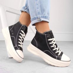 Trampki damskie wysokie na platformie czarne Big Star OO274063. Czarne buty sportowe lifestyle BIG STAR, bez wzorów, ze skóry ekologicznej, retro, bez zapięcia. Za 84.00 zł.