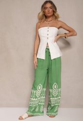 Zielone Szerokie Spodnie z Wiskozy z Gumką w Talii Zdobione Etnicznym Wzorem Soleldi. Zielone jeansy Renee, l, z aplikacjami, z jeansu, eleganckie, z podwyższonym stanem. W wyprzedaży za 29.99 zł.