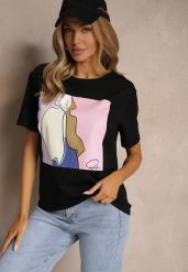 Czarny Bawełniany T-shirt z Geometrycznym Nadrukiem Mepressa. Czarne t-shirty Renee, s, bez wzorów, z bawełny, eleganckie, bez kołnierzyka, bez ramiączek. W wyprzedaży za 35.99 zł.