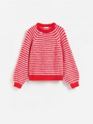 Sweter w paski - czerwony. Czerwone swetry Reserved, l, bez wzorów, z dzianiny, bez ramiączek. Za 139.99 zł.