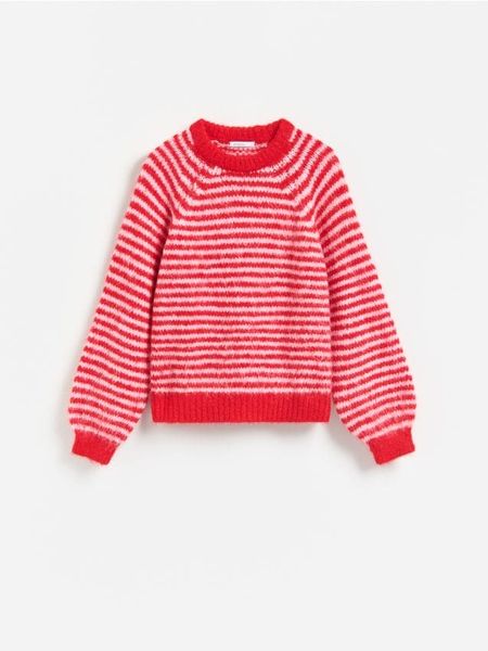 Sweter w paski - czerwony. Czerwone swetry Reserved, l, bez wzorów, z dzianiny, bez ramiączek. Za 139.99 zł.