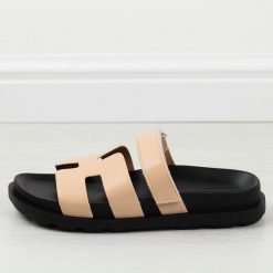 Beżowe klapki damskie 1186. Brązowe klapki bez wzorów, ze skóry, eleganckie, bez obcasa, bez zapięcia. Za 169.00 zł.