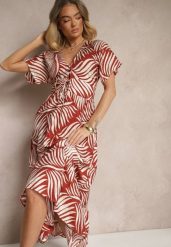 Czerwona Sukienka Wiskozowa o Rozkloszowanym Kroju w Liściasty Wzór Beledia. Czerwone sukienki Renee, do pracy, l, bez wzorów, z wiskozy, biznesowe, bez kołnierzyka, bez ramiączek, maxi, rozkloszowane. Za 79.99 zł.