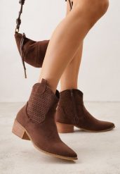 Brązowe Botki Kowbojki Vices na Słupku z Ażurową Cholewką Elfedi. Brązowe botki Renee, w ażurowe wzory, z jeansu, eleganckie, bez obcasa, na obcasie, bez zapięcia. Za 149.99 zł.