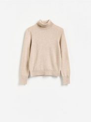 Sweter z wełny merino z dodatkiem kaszmiru - beżowy. Brązowe swetry Reserved, l, bez wzorów, z kaszmiru, bez ramiączek. Za 299.99 zł.