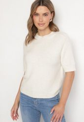 Jasnobeżowy Sweter z Wełną z Krótkim Rękawem Dannoria. Brązowe swetry Born2be, uniwersalny, bez wzorów, z jeansu, eleganckie, bez ramiączek. W wyprzedaży za 135.99 zł.