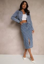Niebieska Spódnica Jeansowa z Bawełny High Waist Ozdobiona Przetarciami Carithwen. Niebieskie spódnice Renee, na co dzień, s, bez wzorów, z bawełny, eleganckie, midi, dopasowane. W wyprzedaży za 51.99 zł.