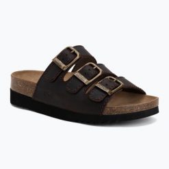 Klapki damskie Scholl Rio Wedge Ad Med. Brązowe klapki Scholl, bez wzorów, z materiału, eleganckie, bez obcasa, bez zapięcia. Za 289.99 zł.