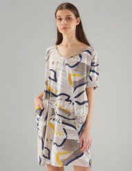 Bawełniana sukienka z nadrukiem. Brązowe sukienki Unisono, l, bez wzorów, z bawełny, bez kołnierzyka, bez ramiączek, mini. Za 119.00 zł.